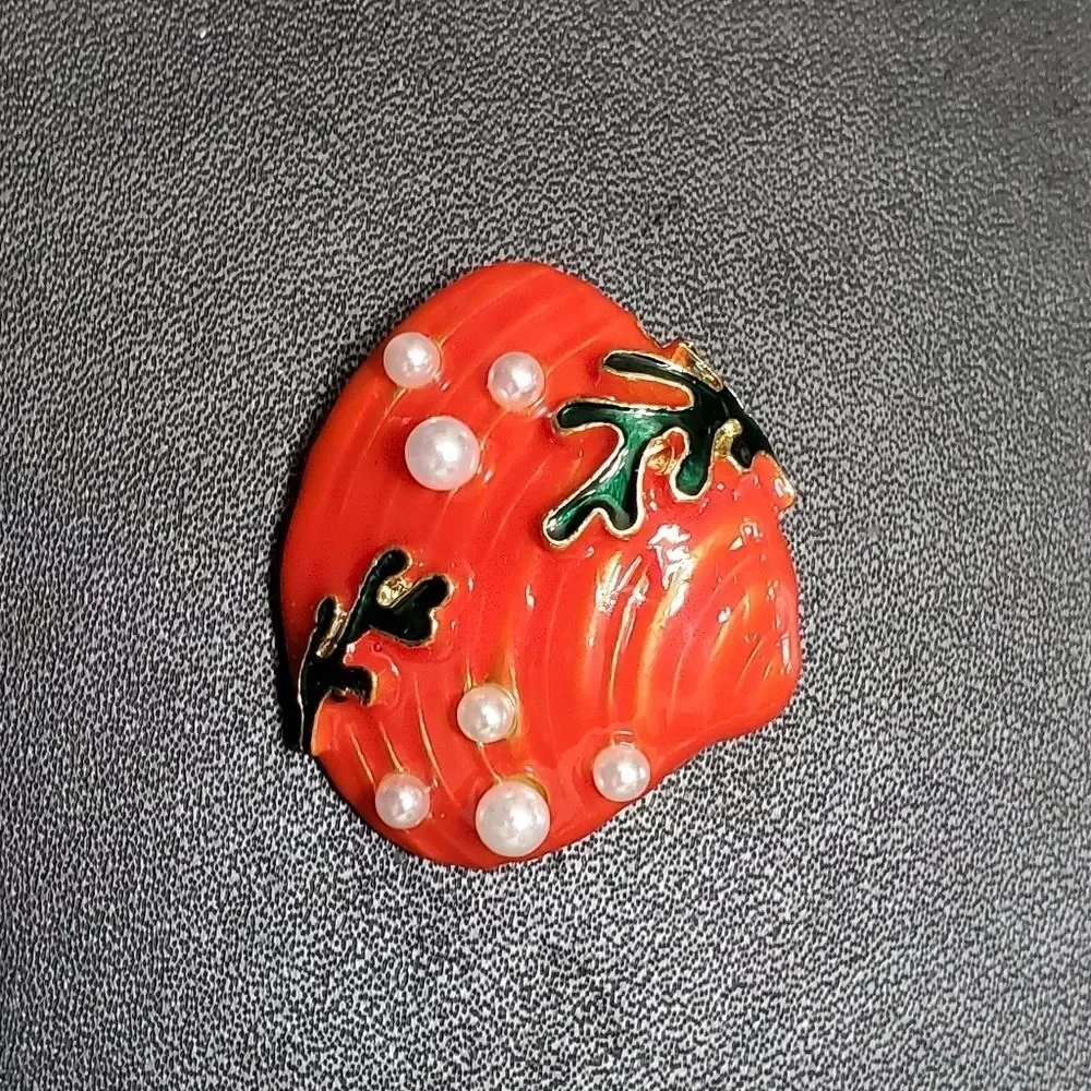Gold tone orange enamel shell brooch faux pearl